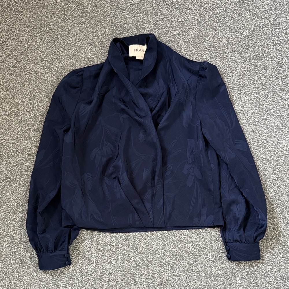 FIGUE Navy Floral Jacquard Wrap Blouse